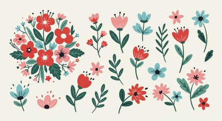 A vibrant and playful collection of hand-drawn floral elements in various shapes and sizes