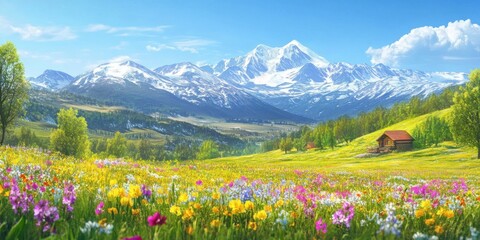 Obraz premium Vibrant spring meadow with snow-capped mountains