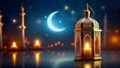 Obraz premium Beautifully Illuminated Mosque with Golden Domes and Minarets Under a Starry Night Sky with Hanging Lights