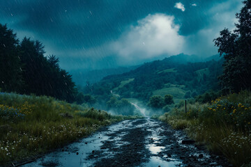 A dirt road in the middle of a grassy field under a cloudy sky