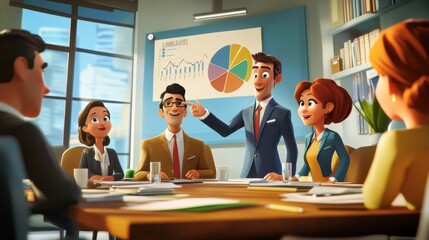 Cartoon style meeting with a group of animated characters around a conference table, one character pointing at a pie chart on the wall