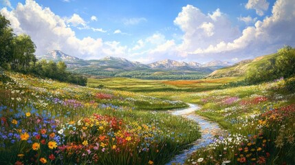 A wide-angle view of a tranquil countryside with colorful wildflowers in full bloom.