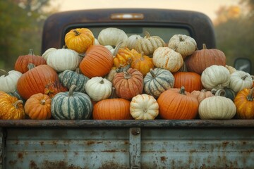 A rustic truck bed overflowing with a colorful harvest of pumpkins and gourds, ready for autumn festivities.