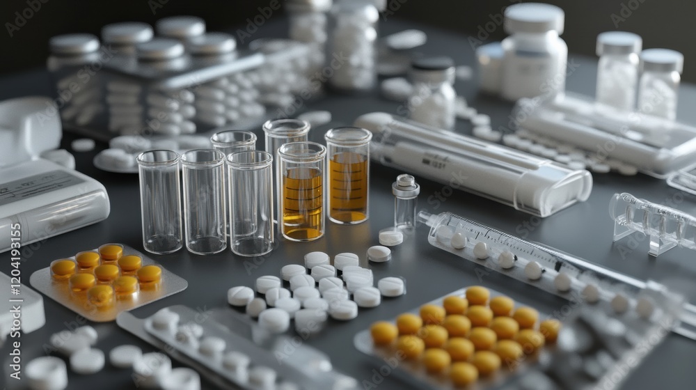 Aufkleber Assorted medications arranged on a dark surface showing various types of pills and vials with liquid contents. Generative AI