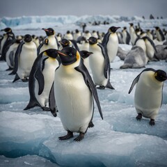 Fototapeta premium A colony of emperor penguins standing on icy terrain.