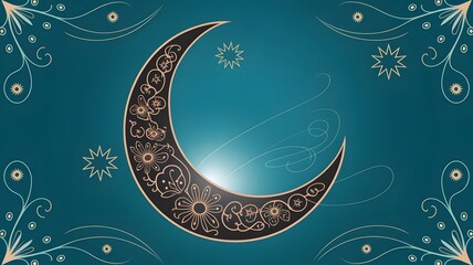 A beautiful crescent moon with ornate lanterns, perfect for Ramadan. A stylized illustration of a crescent moon, adorned with intricate gold details, hanging amidst a night sky.