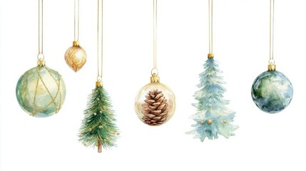 Watercolor christmas ornaments collection on white background