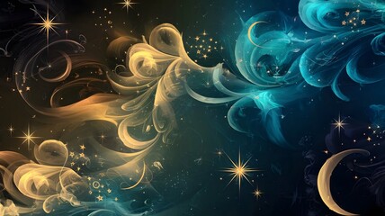 Night sky floral swirls, a beautiful abstract background design. A mesmerizing abstract image of swirling, fluid patterns in deep teal, gold, and dark tones.