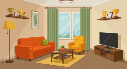 A flat illustration of a simple living room with an orange sofa, a yellow armchair, a wooden coffee table and a modern TV on a stand