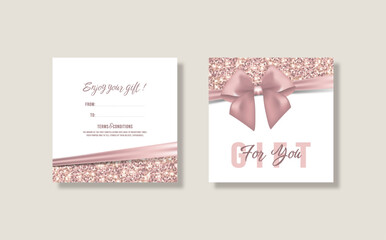 Gift card template with realistic red bow. Certificate, coupon, flyer design. Discount card for shop or boutique. Vector illustration	