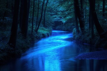 Fototapeta premium Serene Nighttime River Flowing Through A Dark Forest