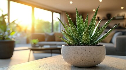Potted succulent at sunset in modern living room.
