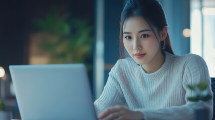 Asian teacher leader and multiethnic diverse young professional creative team students brainstorming discussing project at desk with in office classroom using laptop computer. Diversity.