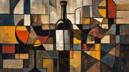 A cubist-inspired composition with fragmented geometric shapes forming a bold still life