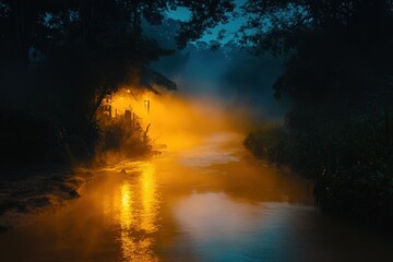 Nighttime River Scene Illuminated By Warm Lights
