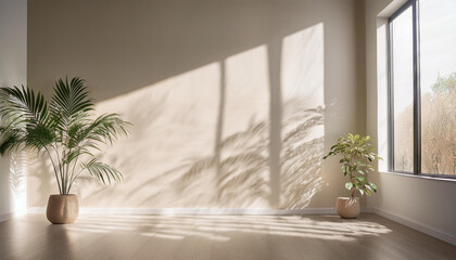 A minimalist interior design of an empty room with a large window. The room features a light beige wall and a warm wooden floor. Natural light streams through the window