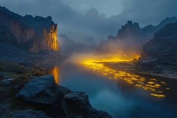 Fototapeta premium Illuminated Canyon River Night Scene Dramatic Landscape