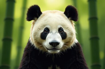 Obraz premium Close-up of panda bear in bamboo grove at background. Types of animals. Wildlife of China and fauna of the world