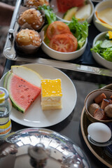 Breakfast in hotel restaurant, close up of appetizer and food