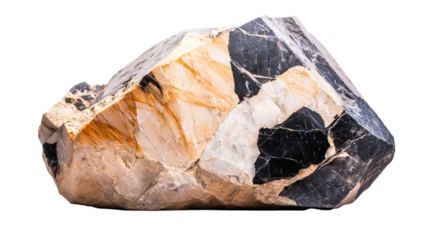 Png of Close-up of a large, multicolored marble rock with black, white, and orange patterns on transparent background.