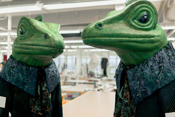 Frog costumes in theatre. Fashion design and theatre concept.