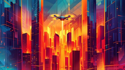 Colorful drone flying over a futuristic city skyline during sunset