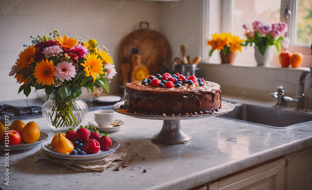 Poster a cake with blueberries and strawberries on top sits on a silver platter on a marble counter. a vase