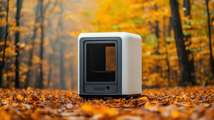 A modern pod nestled in vibrant autumn foliage, blending technology and nature.
