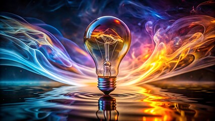Vibrant smoke swirls around a glowing light bulb background