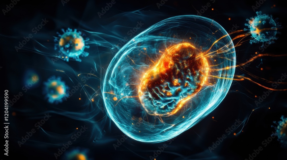 Aufkleber representation of a cell interacting with viruses in a digital art style illustrating cellular biolo