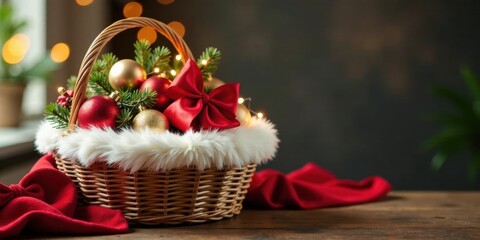 A festive wicker basket brimming with red and gold ornaments, adorned with a plush white trim and a vibrant red bow, rests on a rustic wooden surface, illuminated by soft, warm lighting.