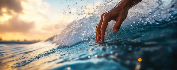 Hand in ocean wave sunset; calming background