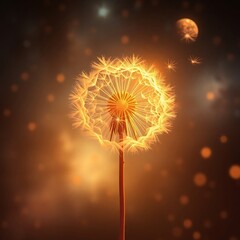 Glowing dandelion seed head in space.