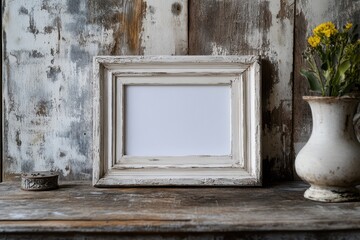 Rustic wooden frame with empty space for art placed on an aged wooden table beside a charming vase of flowers