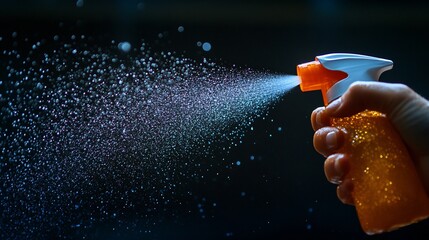 Hand spraying cleaning solution, dark background. Cleaning, household chores