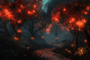 Naklejka premium Enchanting Forest Path Glowing With Autumnal Lights