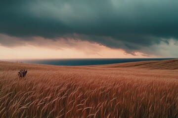 Golden wheat field sways gently in the wind under a dramatic, dark sky overlooking a calm ocean.