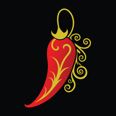 a shiny red chili pepper wrapped in golden filigr 