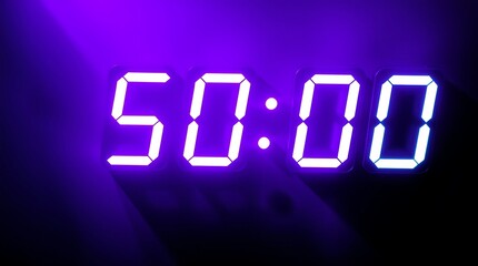 Digital clock displaying 5000 in purple neon light.