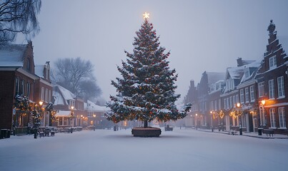Snowy Christmas Eve in a quaint town square, a large decorated tree stands in the center, surrounded by charming snow-covered buildings with warm lights.