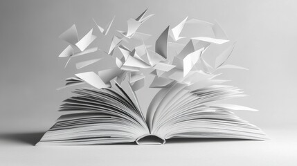 Open Book with Pages Turning and Paper Cutouts Flying in Air
