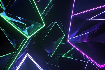 Jagged, interlocking triangular and polygonal shapes with glowing edges in neon green, blue, or purple on a deep black background
