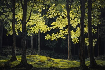 Obraz premium Sunlight Dappled Forest Trees And Green Undergrowth