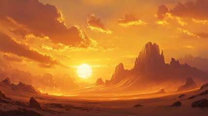 Naklejka premium A dramatic sunset over a desert landscape with towering sand dunes and golden light