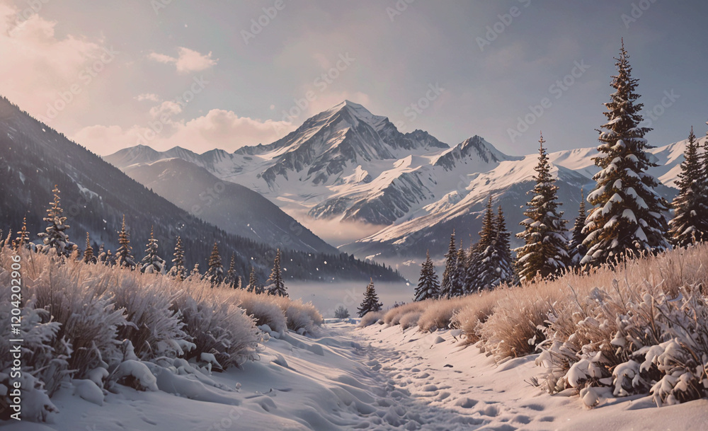 Poster A snowy mountain range with a path through the snow. The path is surrounded by trees and the mountains are covered in snow. The scene is peaceful and serene, with the snow-covered landscape creating a