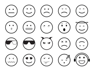 Different reaction emojis black outline. Emoji set. Pack of different expressions emoticons