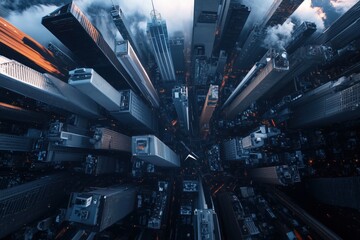 Dynamic cityscape growth arrows overlaid urban environment aerial view modern development concept