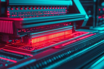 Close-up of a modern computer motherboard with blue and red lights illuminating.