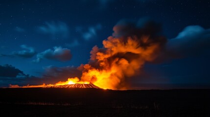 A dramatic volcanic eruption with glowing lava and smoke against the night sky