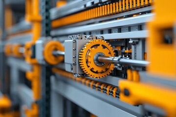 Close-up of an orange gear mechanism within an industrial machine setup.